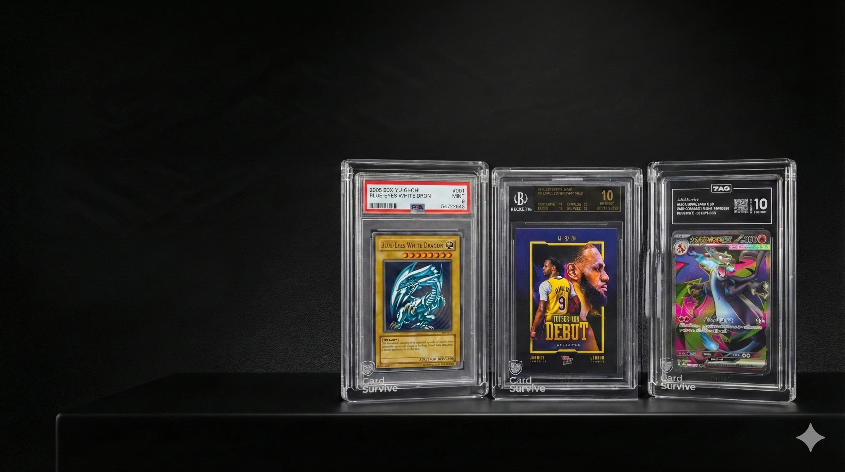 Three graded card slabs seated in CardSurvive Tank acrylic protectors on a dark shelf.
