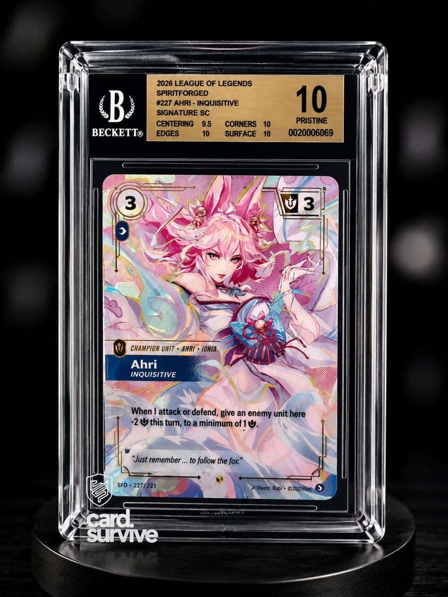 A BGS 10 graded Ahri card installed in The Tank protector on a display stand against a black background.