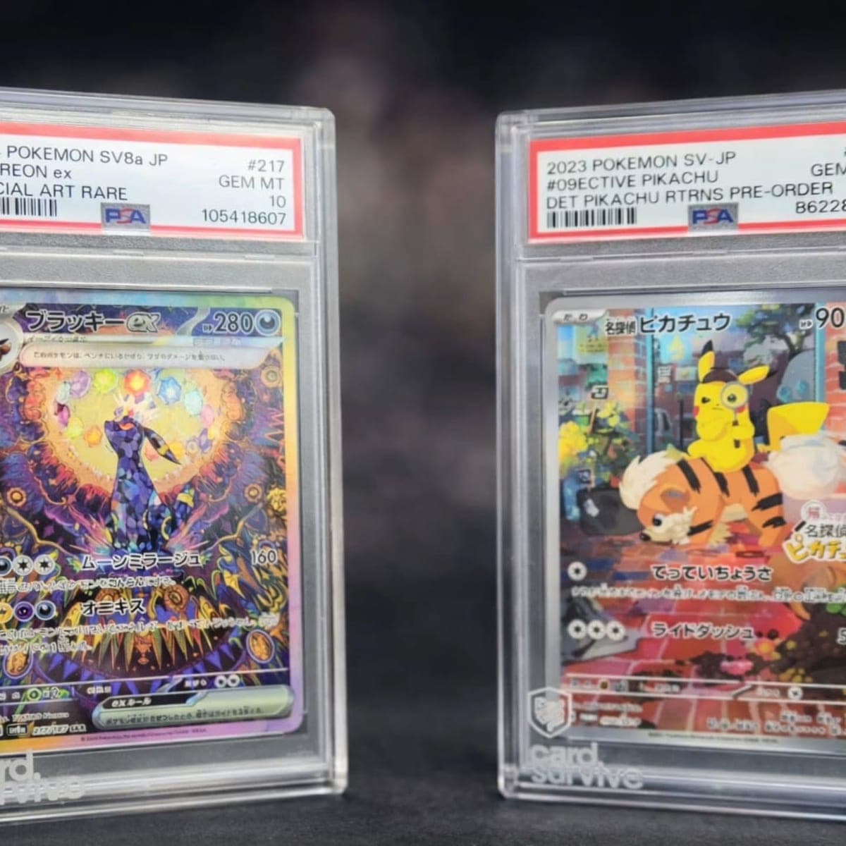 Two PSA-graded Pokémon cards installed in The Tank protectors in a studio photograph.