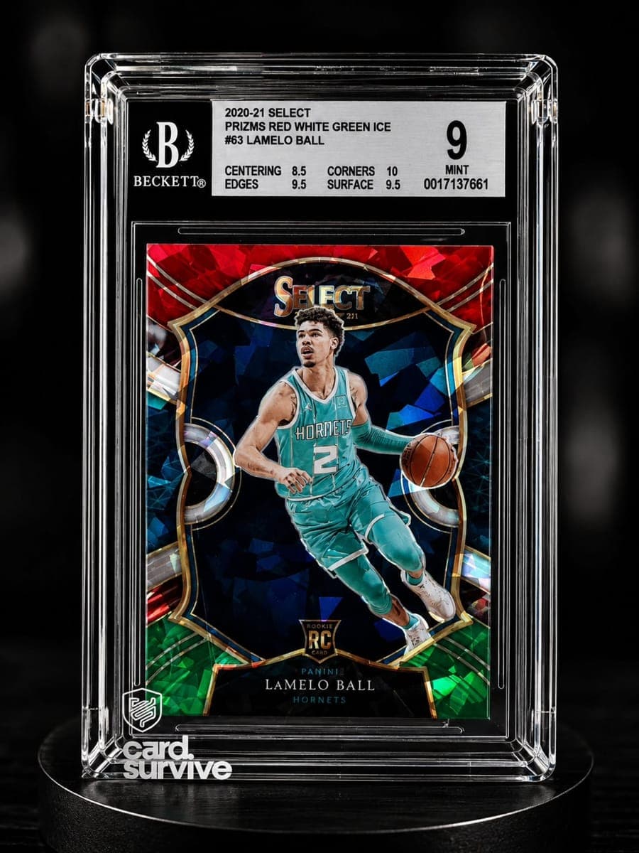 A BGS 9 graded LaMelo Ball basketball card installed in The Tank protector on a display stand against a dark background.